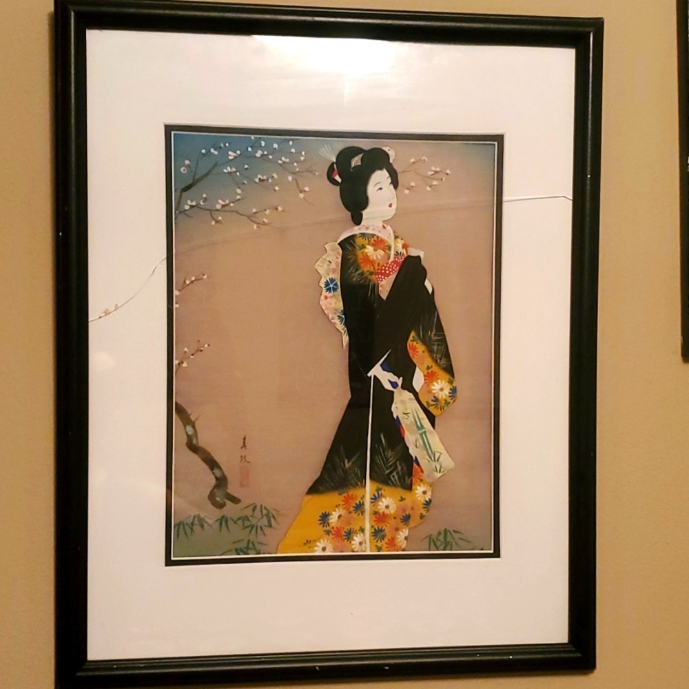 1960s Geisha and Cherry Blossom On Silk
